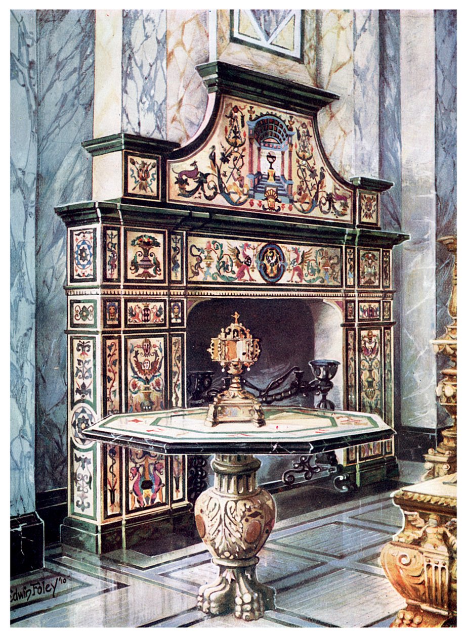 Kominek i stół w kolorowej mozaice florenckiej, 1910 autorstwa Edwin Foley