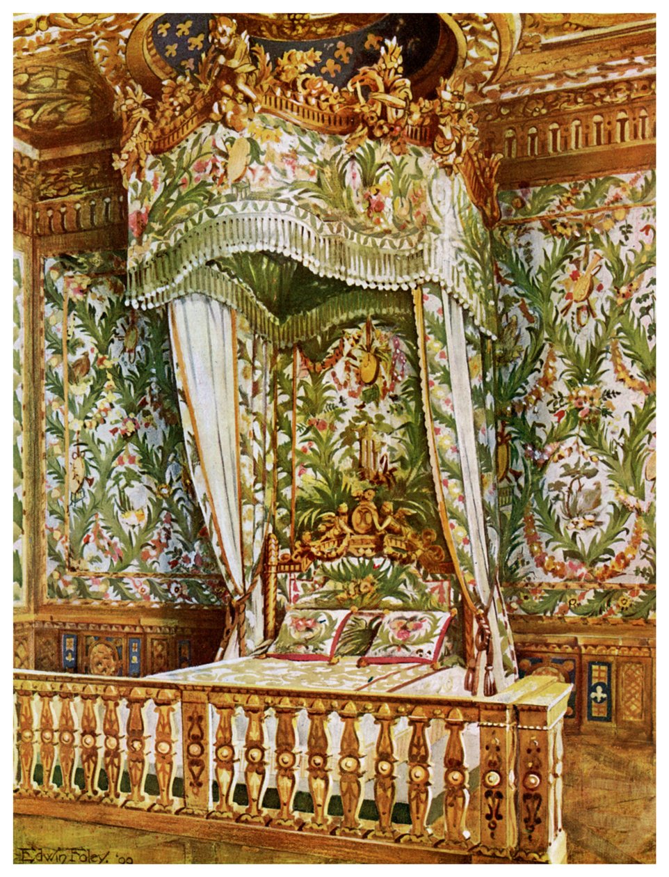 Pozłacane łoże Marii Antoniny, Sypialnia Królowych, Pałac Fontainebleau, Francja, 1911-1912. autorstwa Edwin Foley