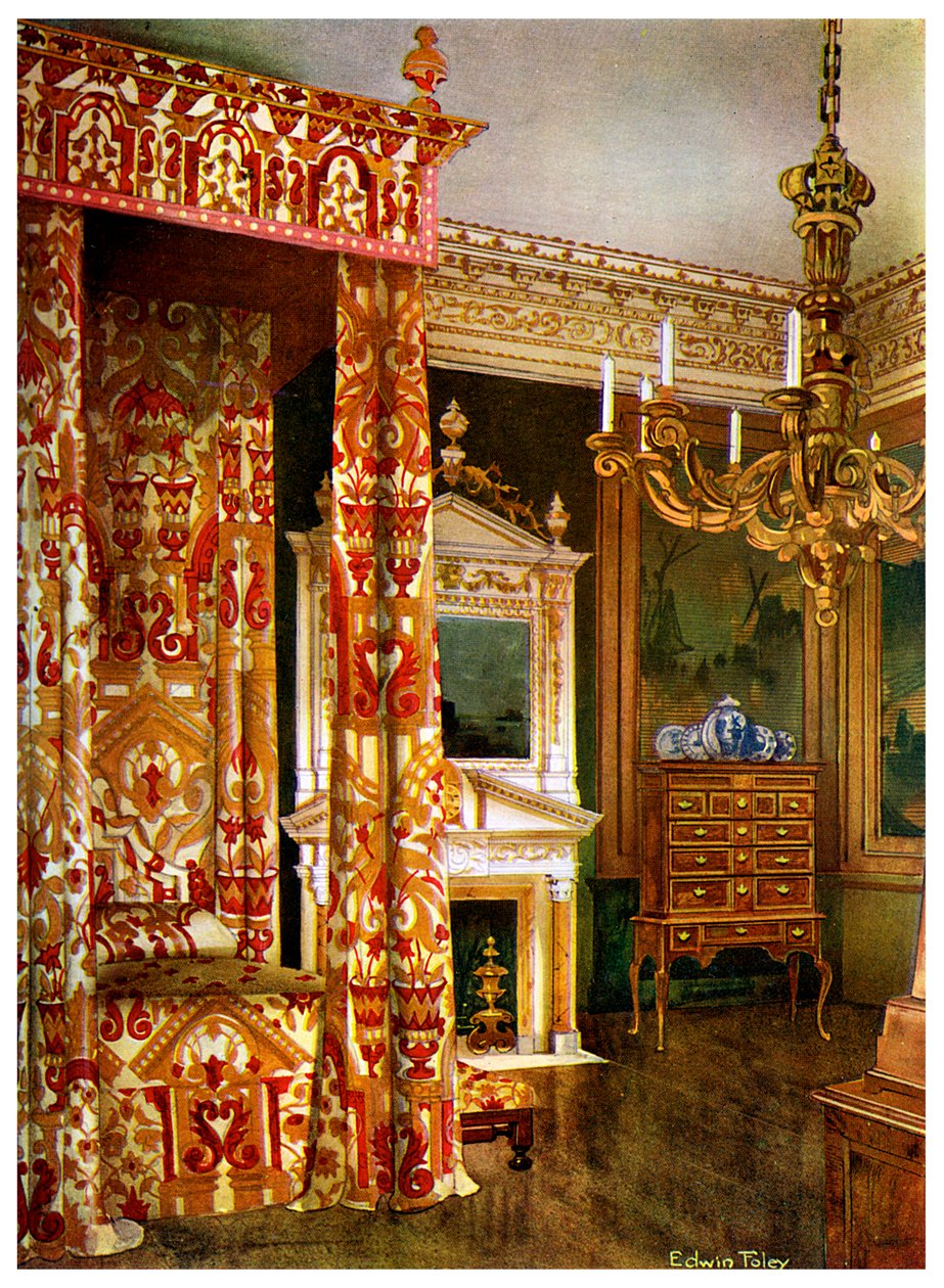 Łóżko Queen Annes, komoda na stojaku i drewniany kandelabr, 1910 r. autorstwa Edwin Foley