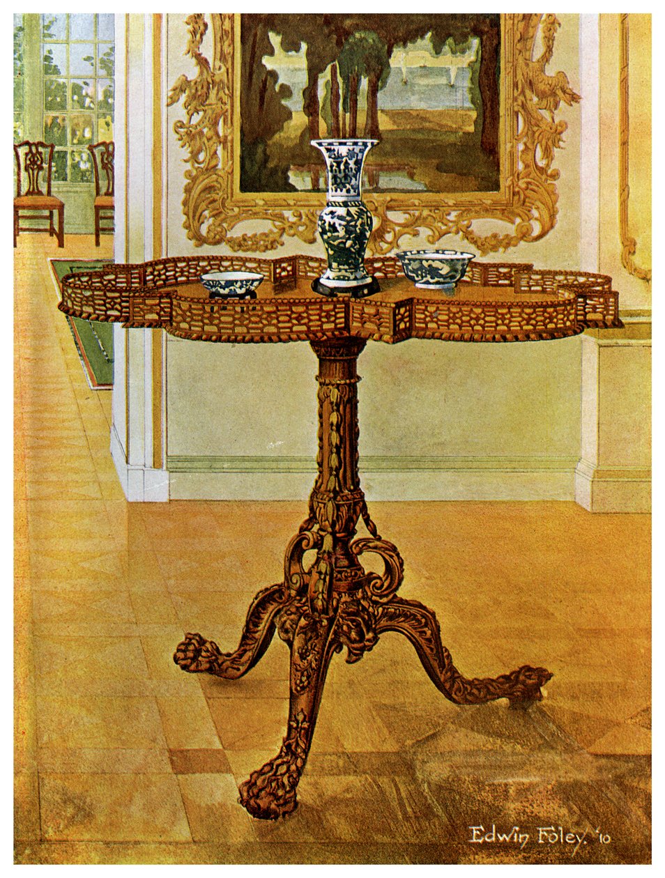 Stół z galerią w kształcie progu, szkoła Chippendale, 1911-1912. autorstwa Edwin Foley
