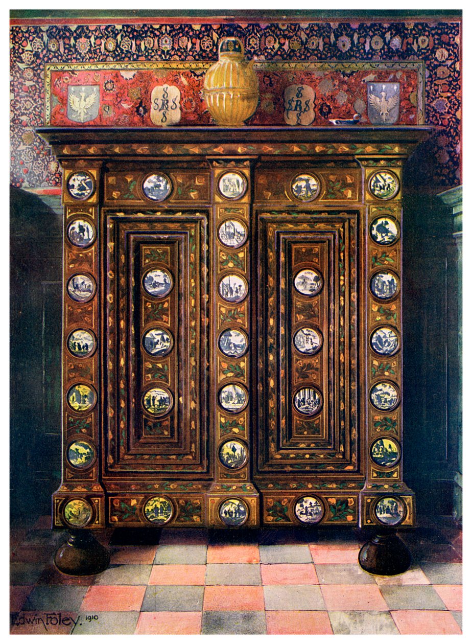 Orzechowy kas z inkrustacją i malowanymi medalionami wyrobów z Delft, 1910 r. autorstwa Edwin Foley