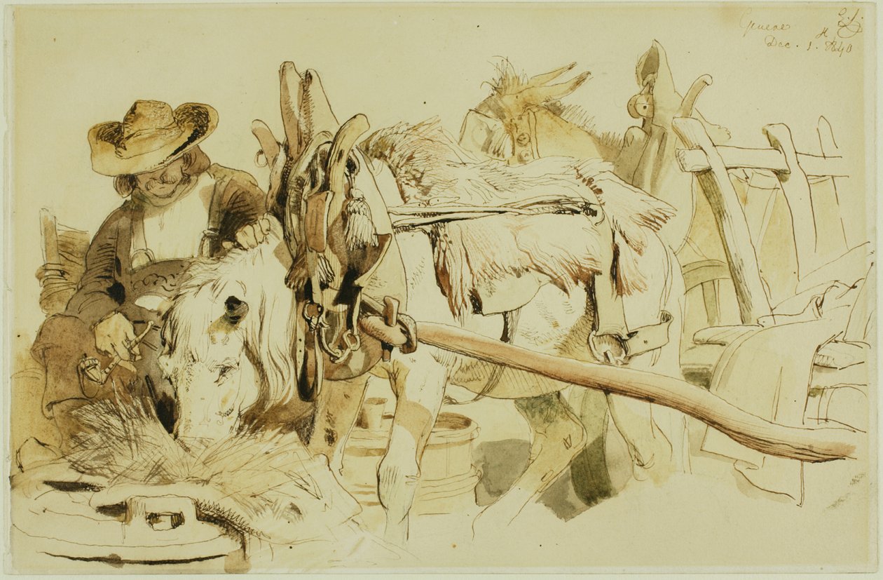Rolnik karmiący kucyka w Genewie (rekto); Siedzący zakonnik (verso) autorstwa Edwin Henry Landseer