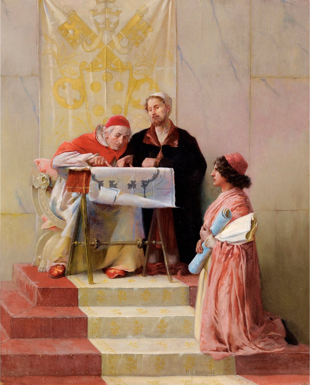 „”Papież Juliusz II patrzący na plany architektoniczne Bramante (1444-1514) dla Bazyliki św. Piotra autorstwa Edwin Howland Blashfield