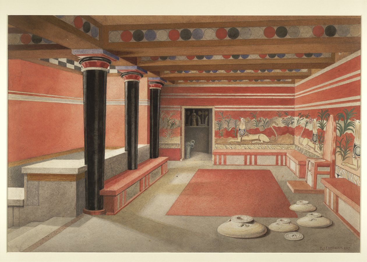Malowidło odtworzonej Sali Tronowej Pałacu Minosa w Knossos autorstwa Edwin J. Lambert