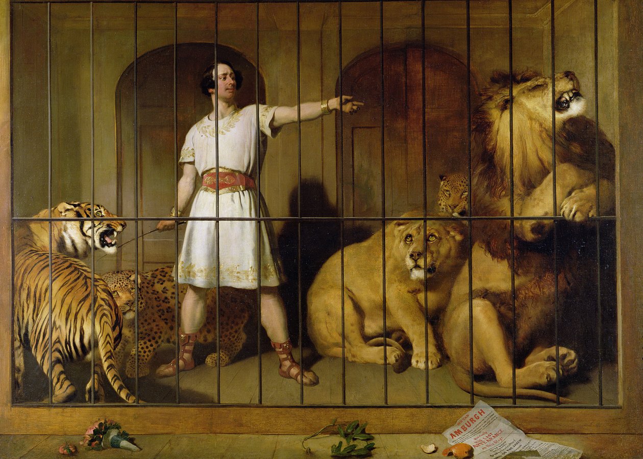 Portret pana Van Amburgha, gdy pojawił się ze swoimi zwierzętami w londyńskim teatrze, 1847 autorstwa Edwin Landseer