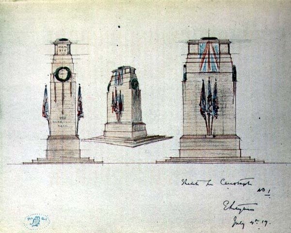 Szkic do Cenotafu nr 1, ilustracja z "Sowy nr 2" pub. 1919 (ołówek i akwarela na papierze) autorstwa Edwin Landseer Lutyens