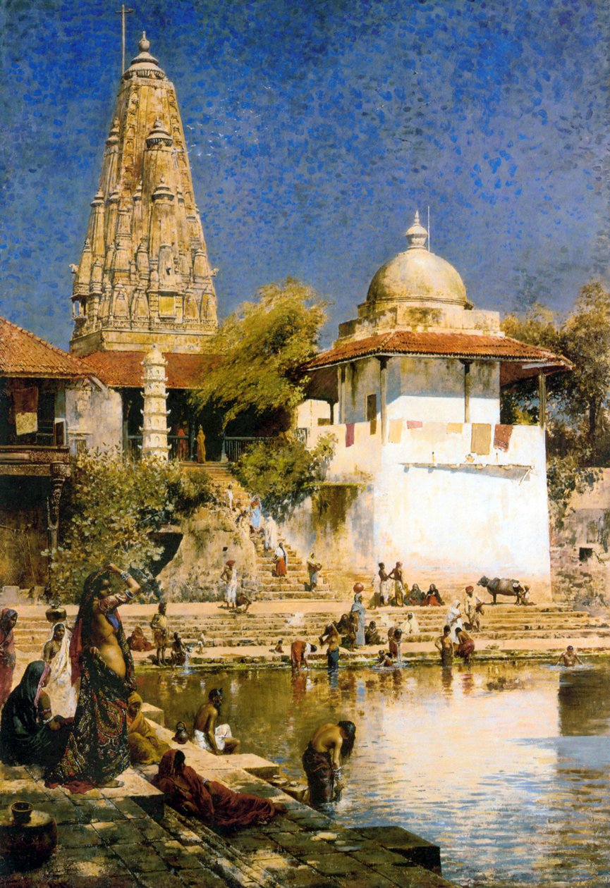 Czołg Banganga i świątynia Walkeshwar w Bombaju, lata 90. XIX wieku. autorstwa Edwin Lord Weeks