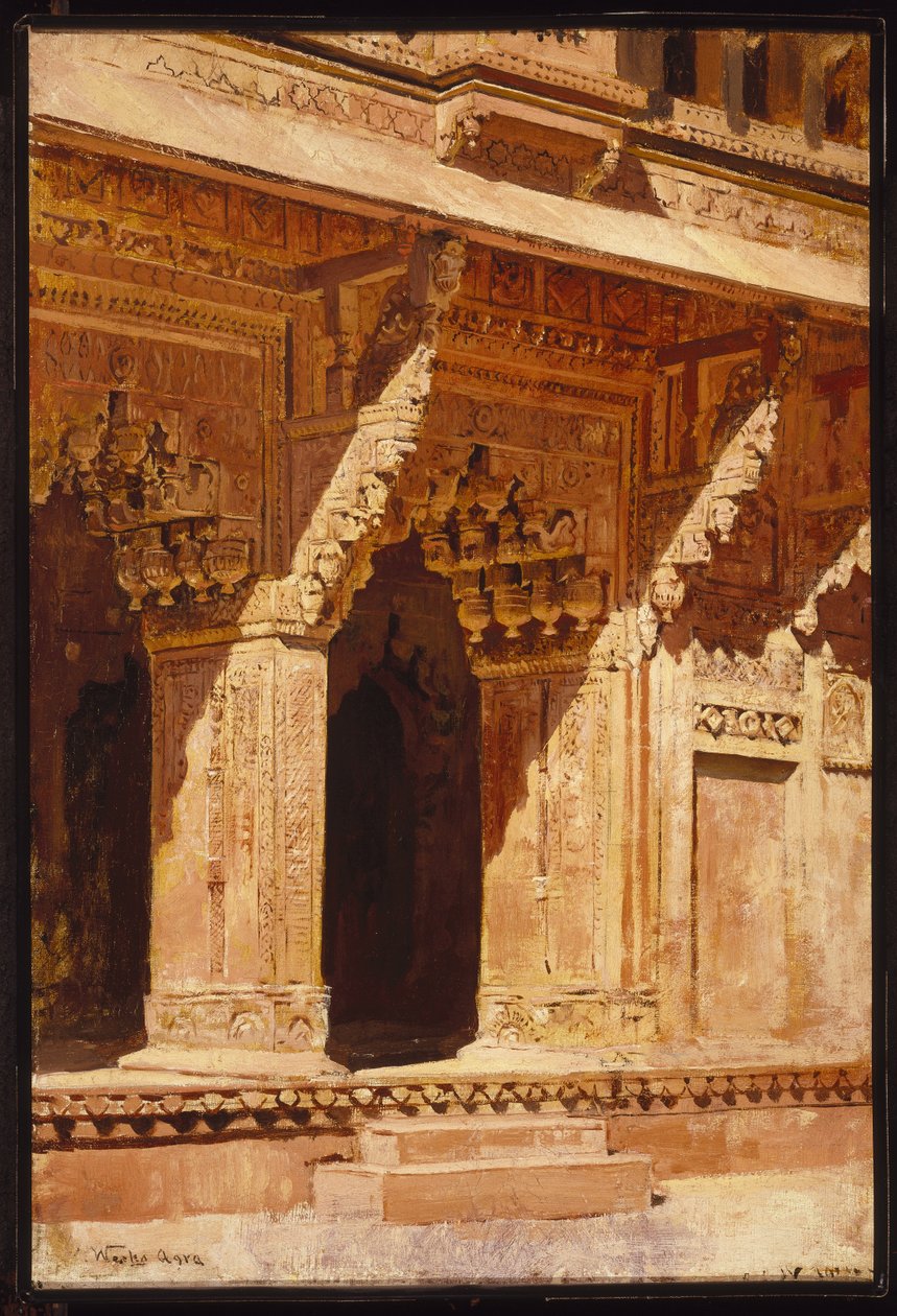 Ciekawie kute łuki z czerwonego piaskowca, Fort Agra, Indie, ok. 1885-95 autorstwa Edwin Lord Weeks