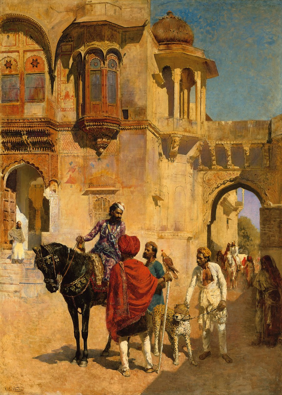 Wyjazd na polowanie na dziedziniec pałacu Jodhpore, ok. 1898-1900 autorstwa Edwin Lord Weeks