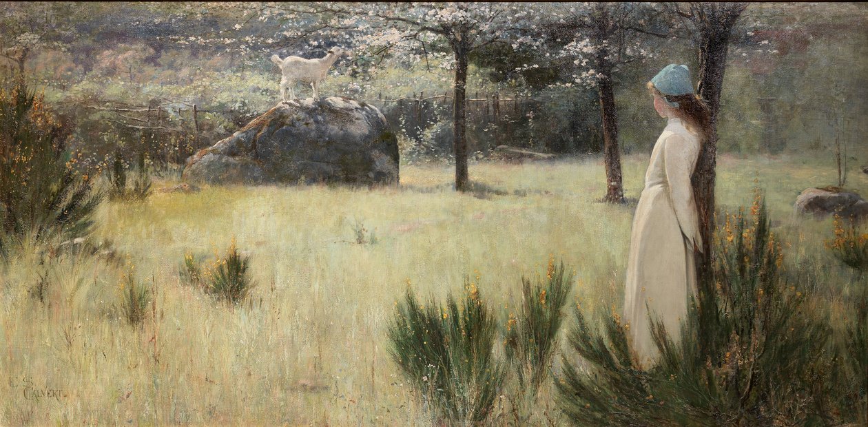 Młoda pasterka i jej koza na wiosennym pastwisku autorstwa Edwin Sherwood Calvert