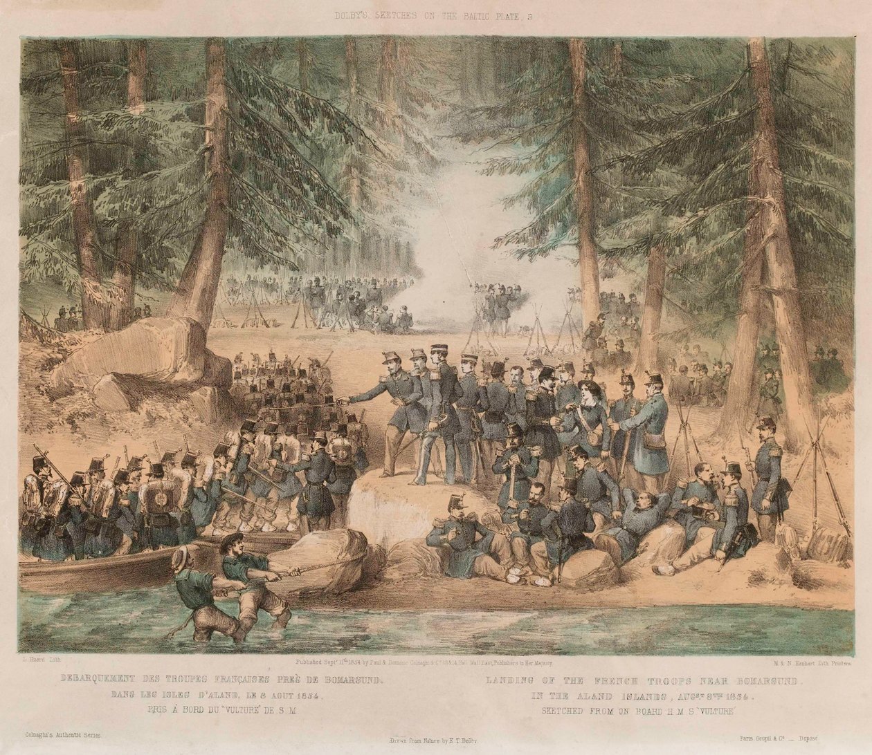 Lądowanie wojsk francuskich pod Bomarsund na Wyspach Alandzkich, 8 sierpnia 1854 r. (litografia, przyciemniana) autorstwa Edwin Thomas (after) Dolby
