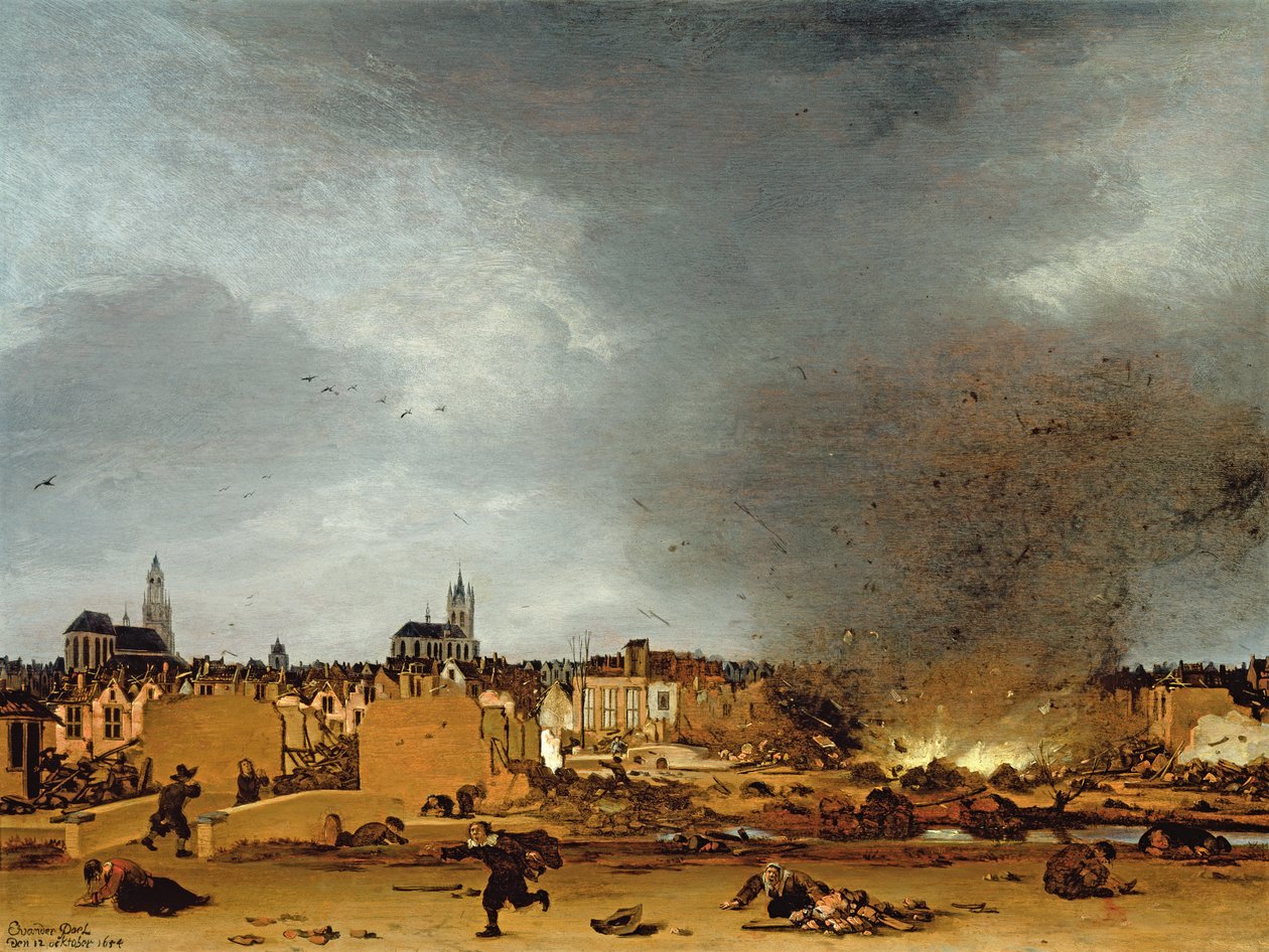 Widok Delft z eksplozją 1654, 1654 autorstwa Egbert van der Poel