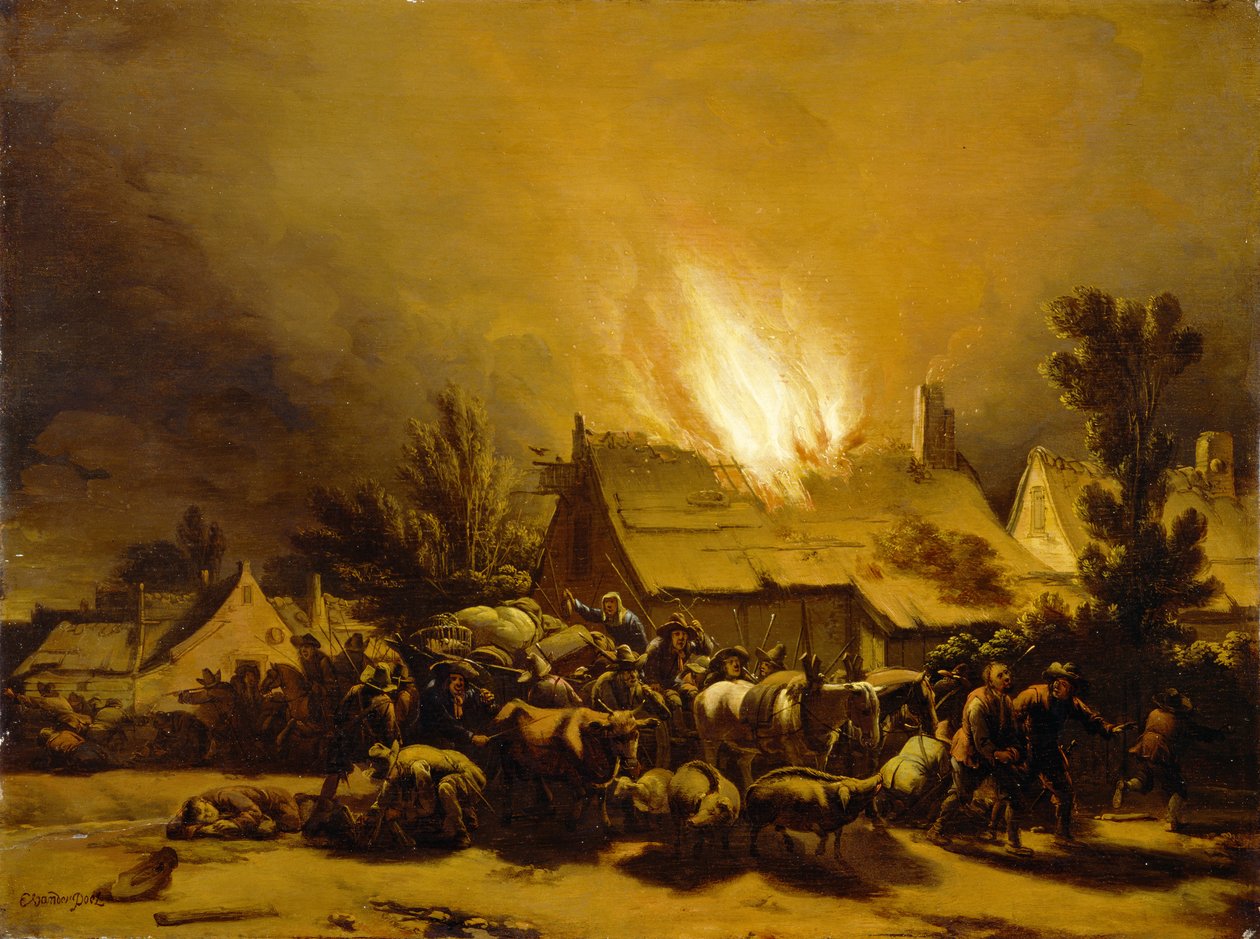 Chłopi uciekający z płonącej stodoły, ok. 1655 (olej na desce dębowej) autorstwa Egbert van der Poel