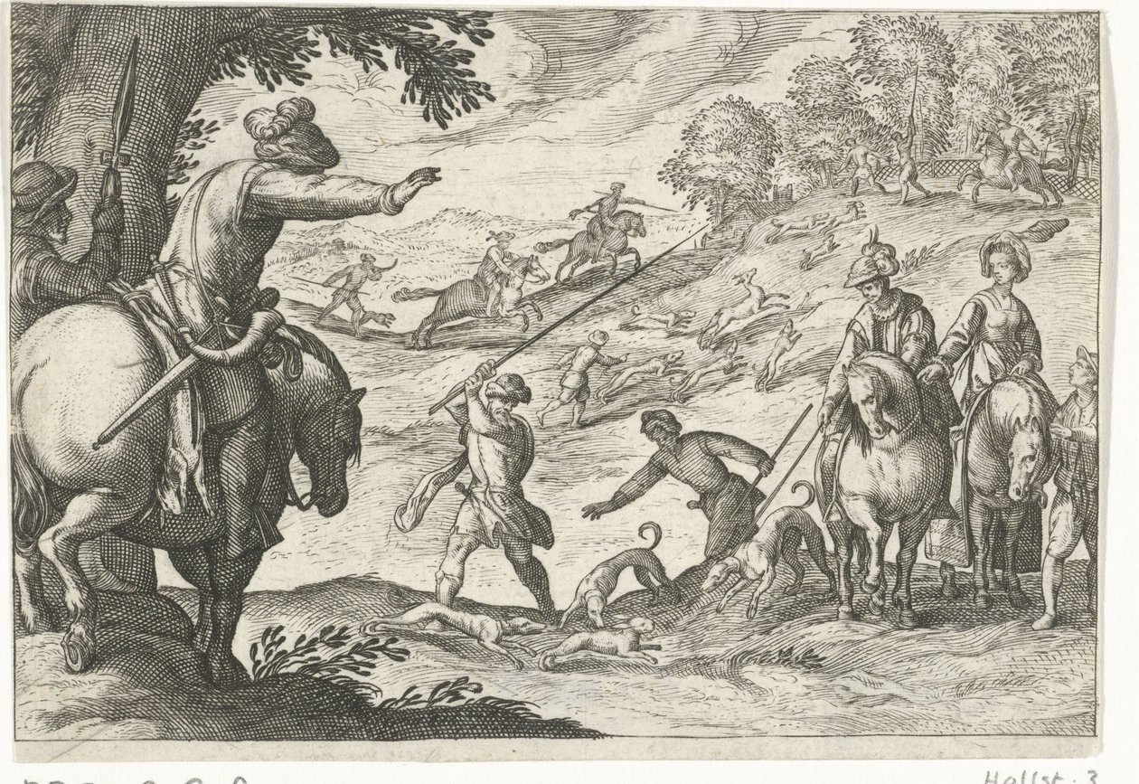 Krajobraz z polowaniem na zające Sceny polowań (tytuł serii) Icones Venantum Gatunek Varias Representantes (tytuł serii) autorstwa Egbert Jansz.