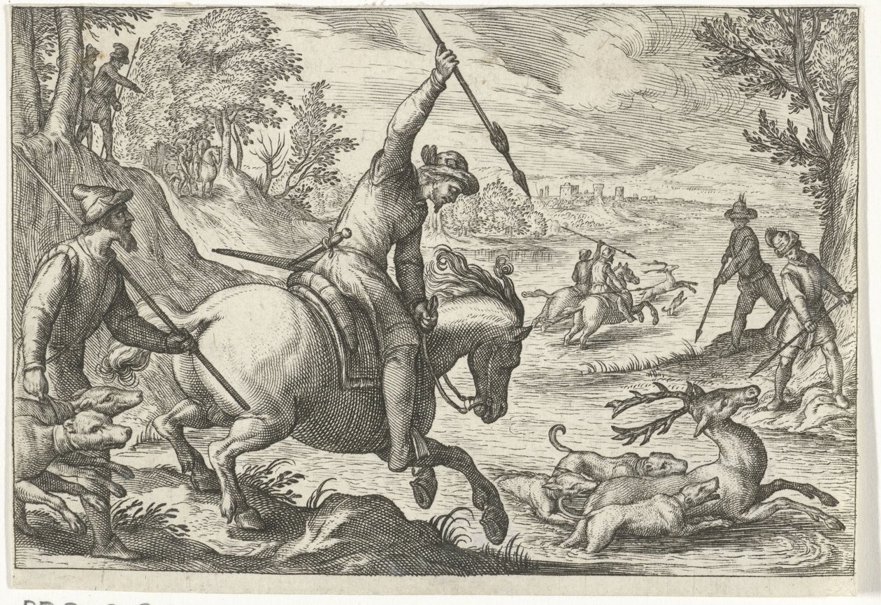 Krajobraz z polowaniem na jelenie Sceny polowań (tytuł serii) Icones Venantum Gatunek Varias Representantes (tytuł serii) autorstwa Egbert Jansz.