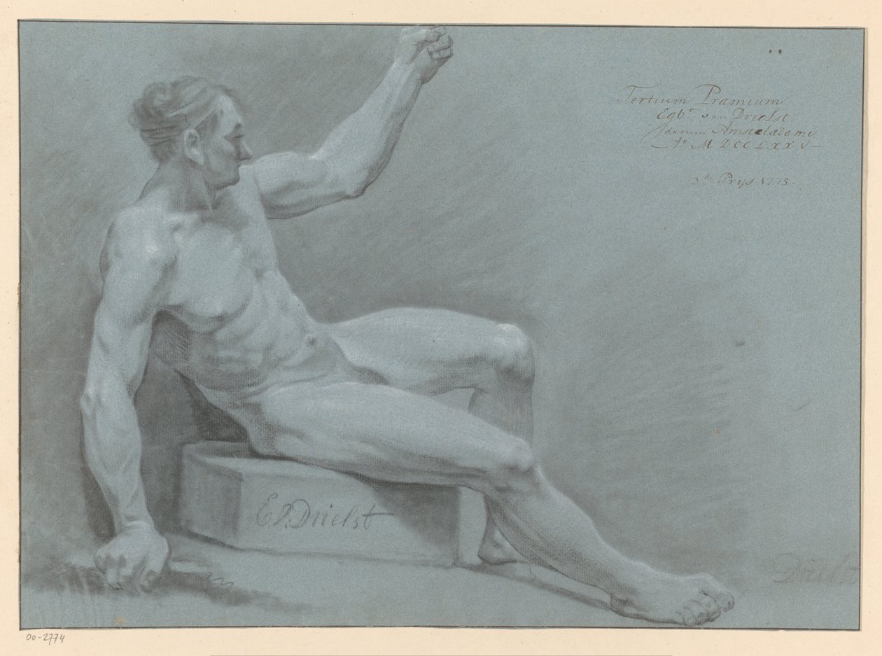 Mężczyzna nago w pozycji siedzącej, widok z boku (3 nagroda 1775) autorstwa Egbert van Drielst