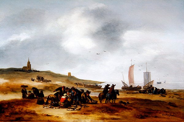 Ryby wystawione na sprzedaż na plaży w Scheveningen (olej na panelu) autorstwa Egbert van der Poel