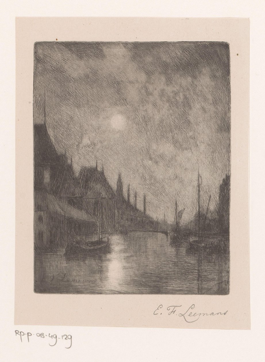 Widok na rzekę w mieście nocą autorstwa Egide François Leemans (signed by artist)