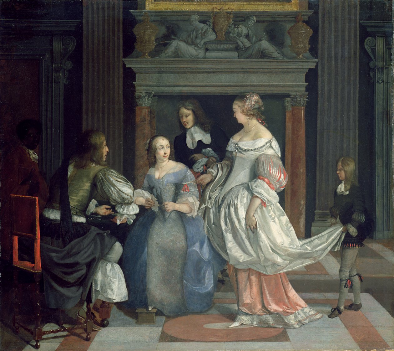 Wnętrze z damami i dżentelmenami przy kartach, połowa lat 60. XVI wieku (olej na płótnie) autorstwa Eglon Hendrick van der Neer