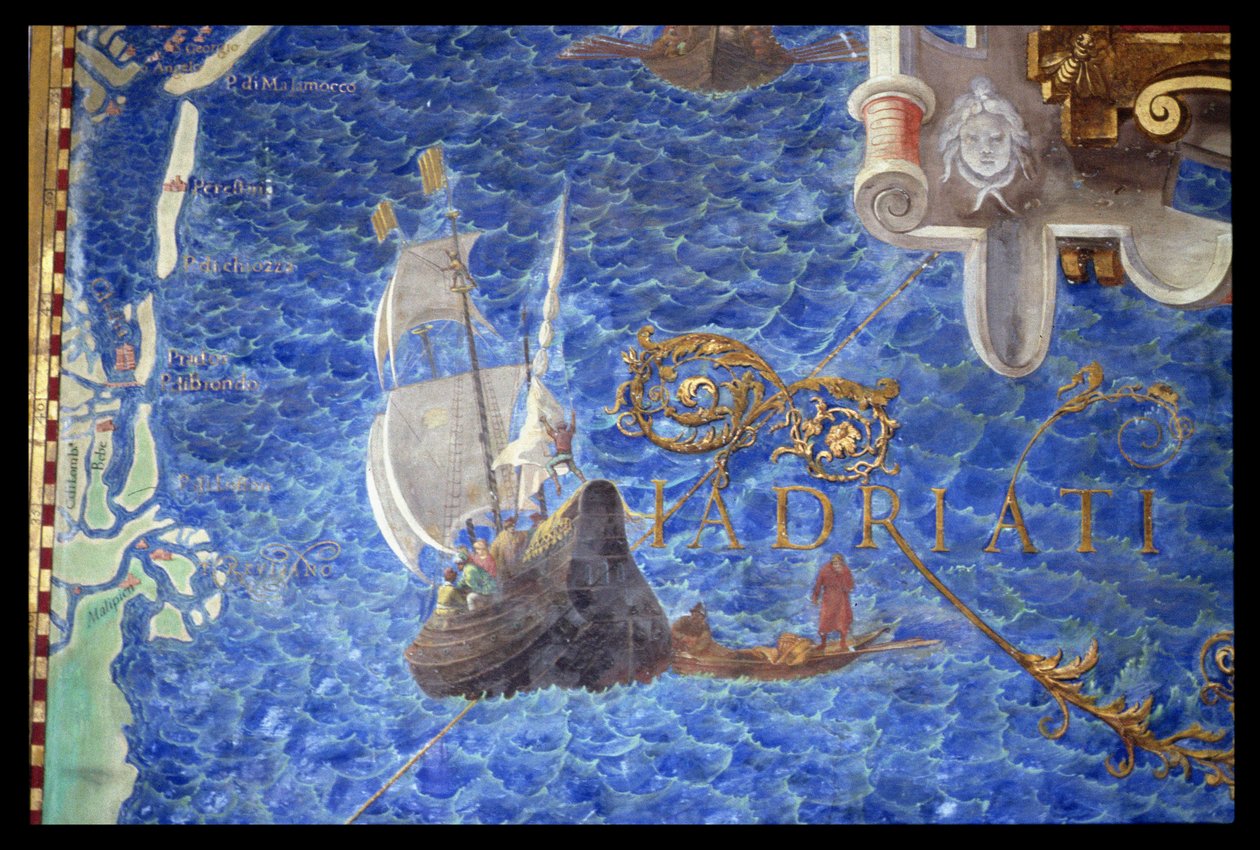 Galeon na Adriatyku, detal z "Galleria delle Carte Geografiche", 1580-83 autorstwa Ignazio Danti