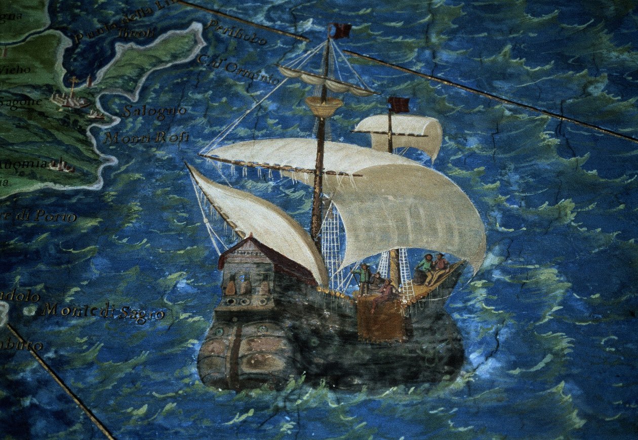 Galeon, fragment z „Galerii Map Geograficznych”, 1580-83 autorstwa Ignazio Danti
