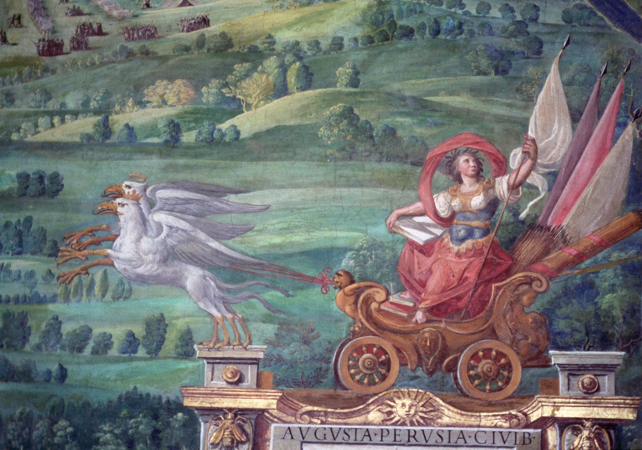 Rydwan ciągnięty przez gryfy, fragment z „Galleria delle Carte Geografiche” autorstwa Egnazio Danti
