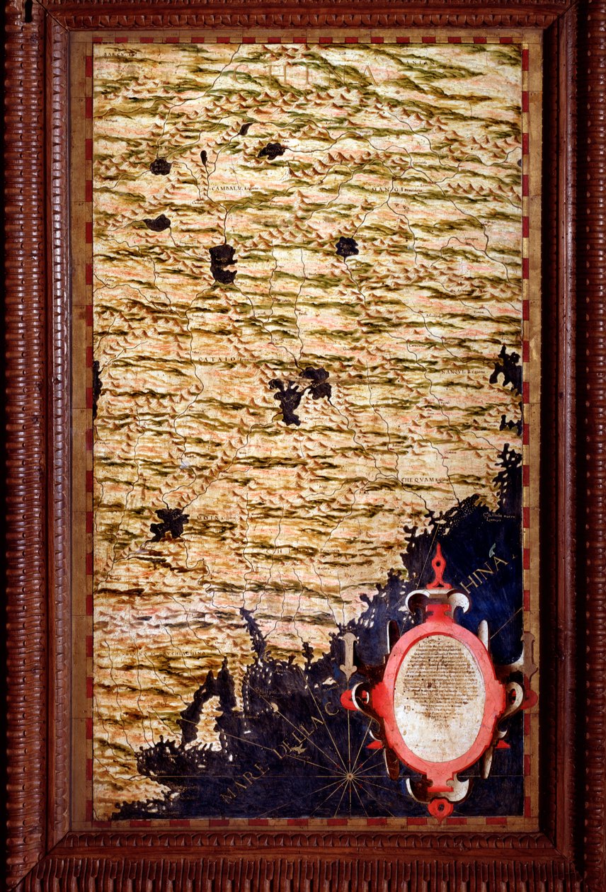 Mapa Chin stworzona przez Egnazio Danti (1536-1586) matematyka, kosmografa i włoskiego architekta. Około 1567 r. Florencja, Palazzo Vecchio, Sala del Mappamondo autorstwa Egnazio Danti