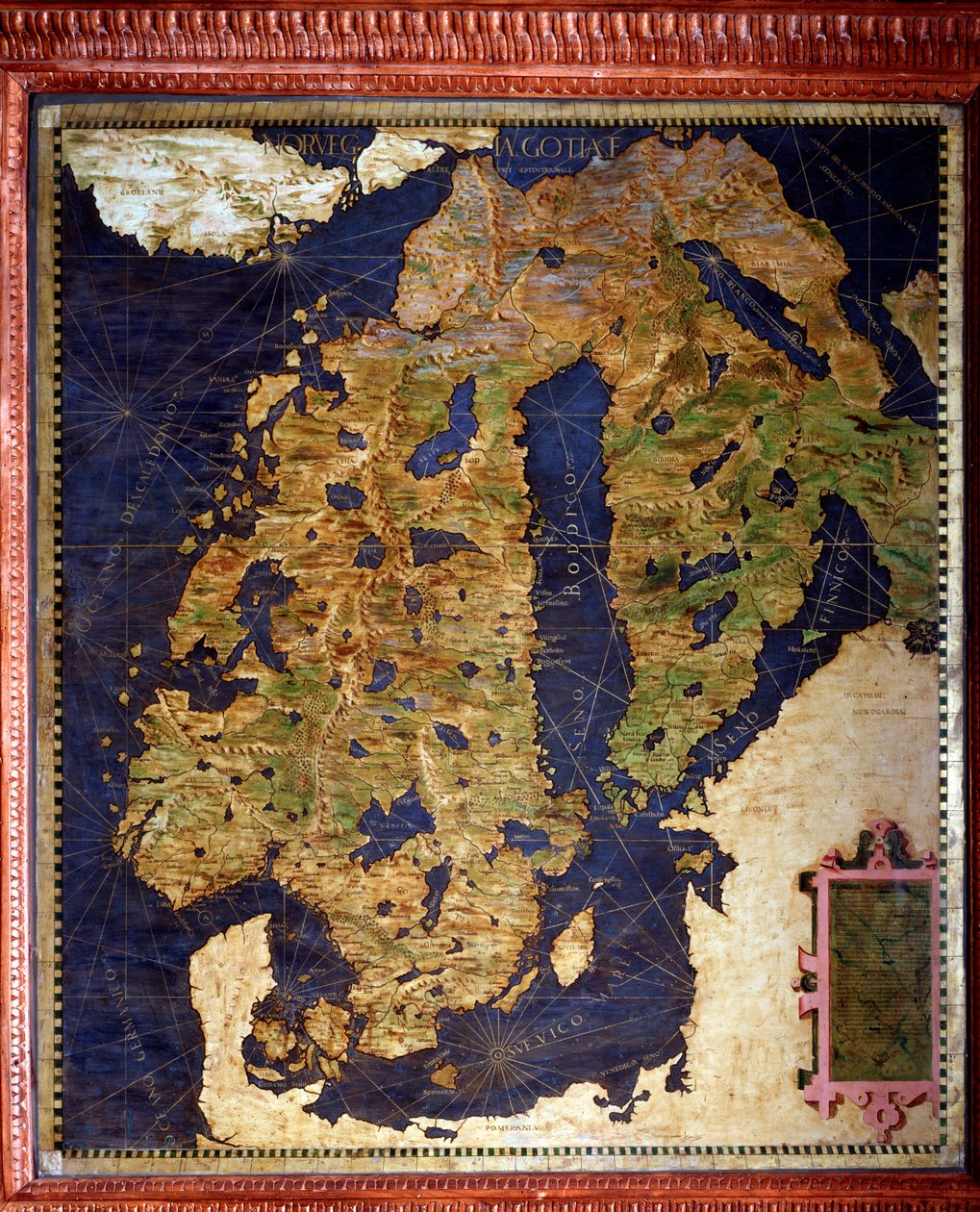 Skandynawia: Norwegia, Szwecja, Finlandia. Mapa wykonana przez Egnazio Danti (1536-1586) matematyka, kosmografa i włoskiego architekta. Około 1567. Florencja, Palazzo Vecchio, Sala del Mappamondo autorstwa Egnazio Danti