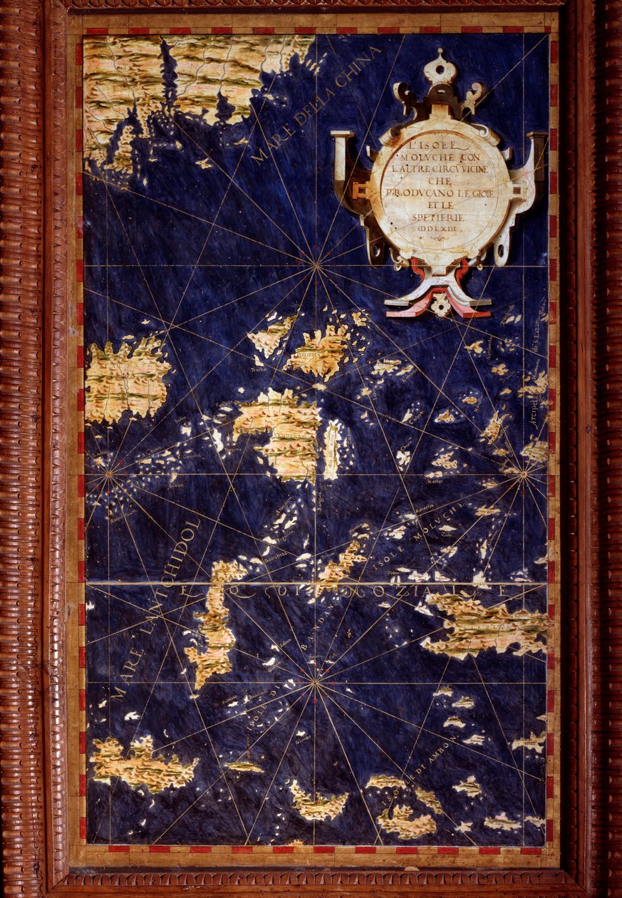 Mapa Wysp Moluckich wykonana przez Egnazio Danti (1536-1586) matematyka, kosmografa i włoskiego architekta. Około 1567. Florencja, Palazzo Vecchio, Sala del Mappamondo autorstwa Egnazio Danti