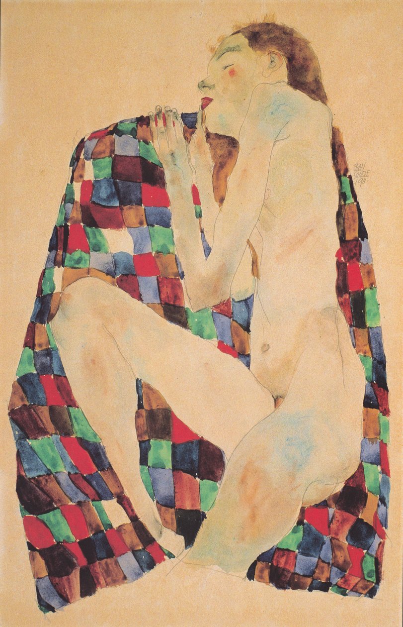 Akt kobiecy na materiale w kratkę autorstwa Egon Schiele