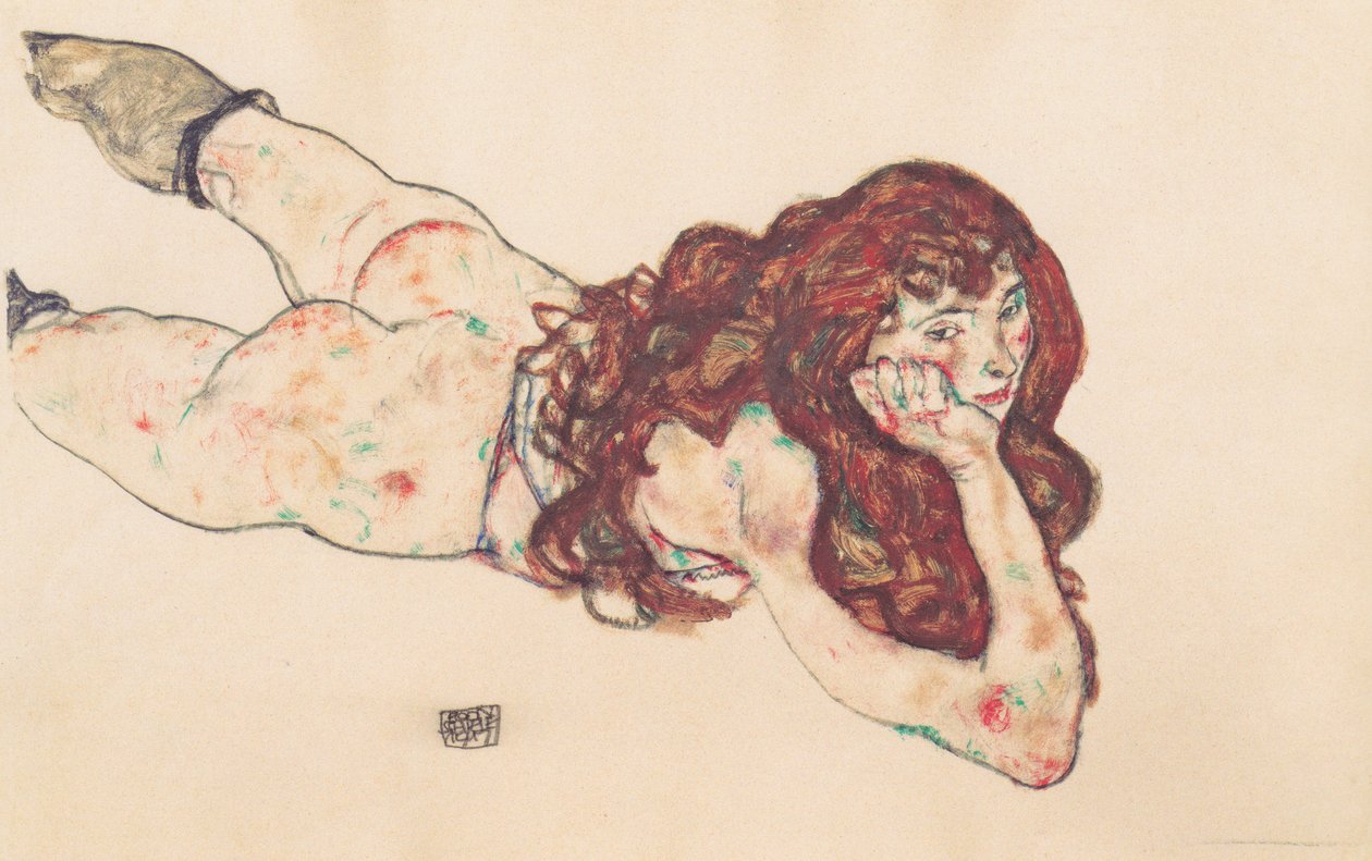 Naga kobieta leżąca na brzuchu autorstwa Egon Schiele