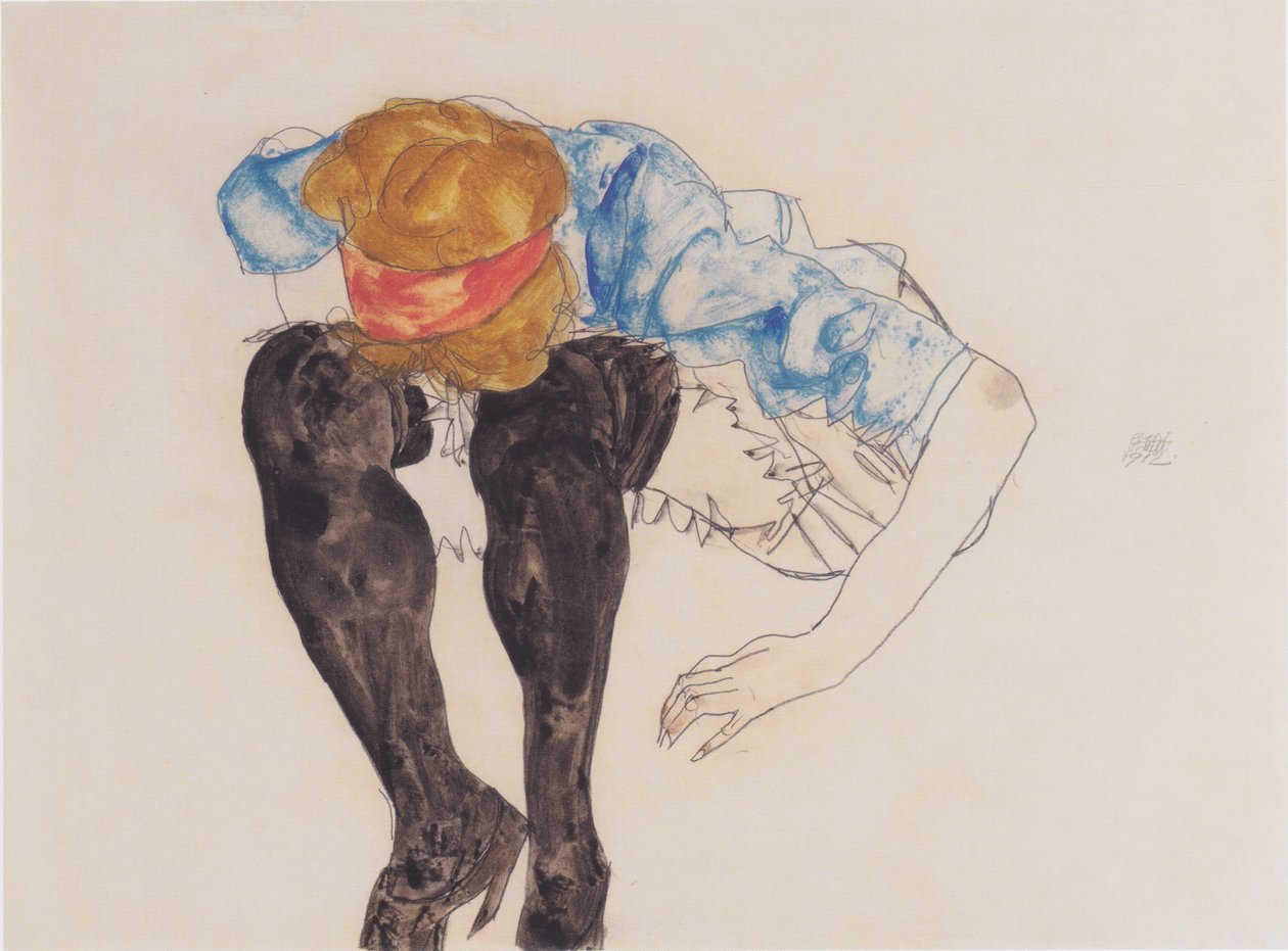 Blondynka, zgarbiona w czarnych pończochach autorstwa Egon Schiele