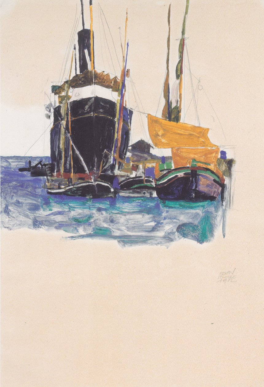 Parowce i żaglówki w porcie w Trieście autorstwa Egon Schiele