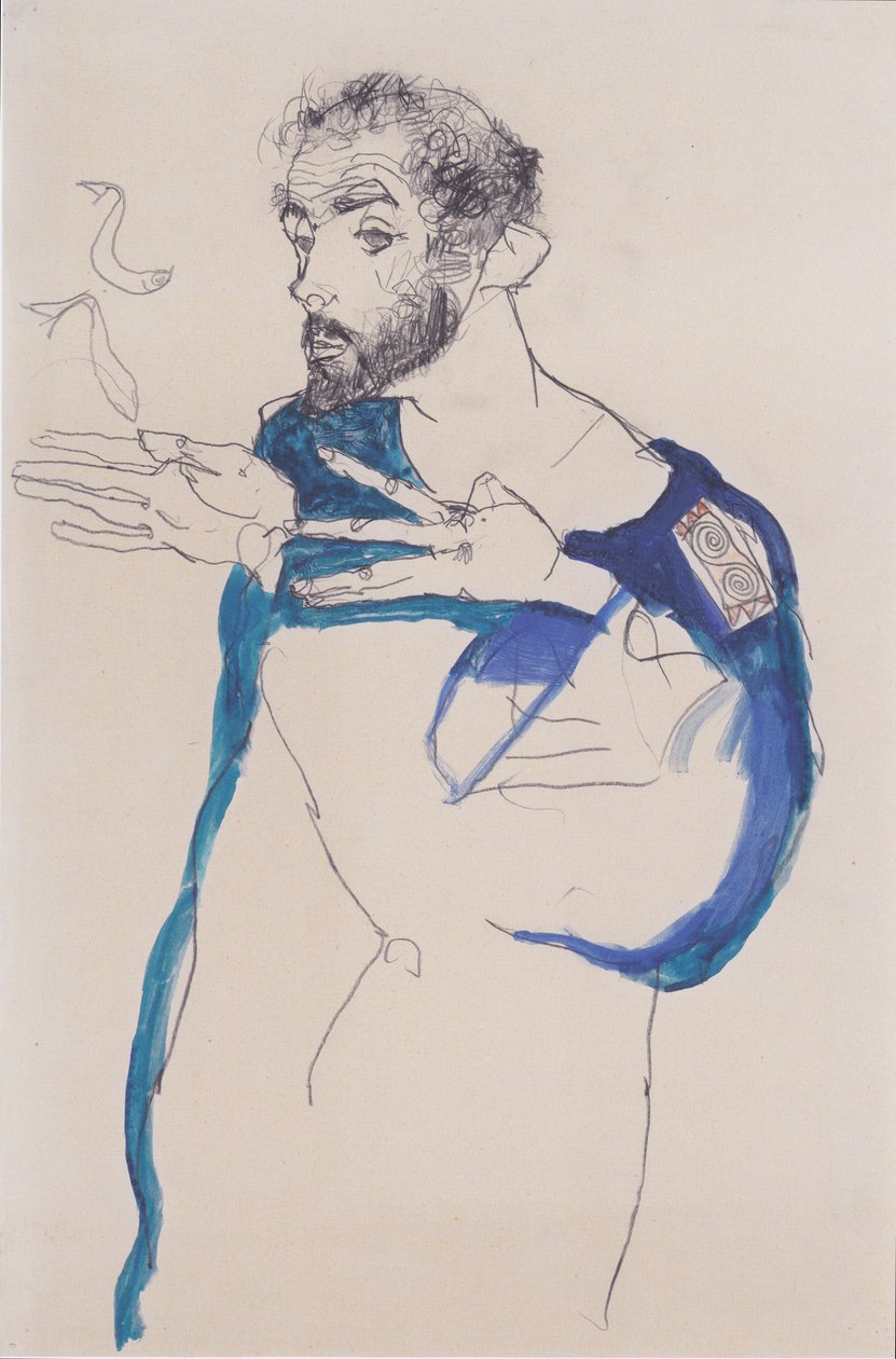 Gustav Klimt w niebieskim fartuchu malarskim autorstwa Egon Schiele