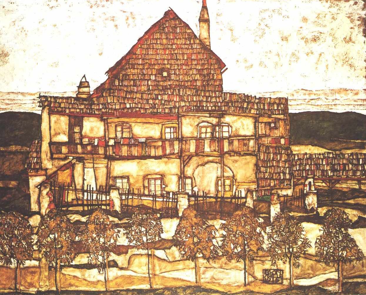 Dom z drewnianym dachem autorstwa Egon Schiele