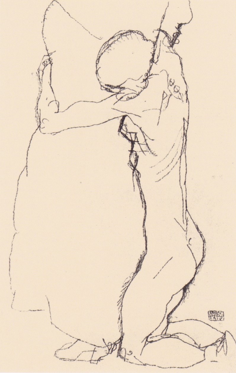 Klęcząc, przytulając stojącą kobietę autorstwa Egon Schiele