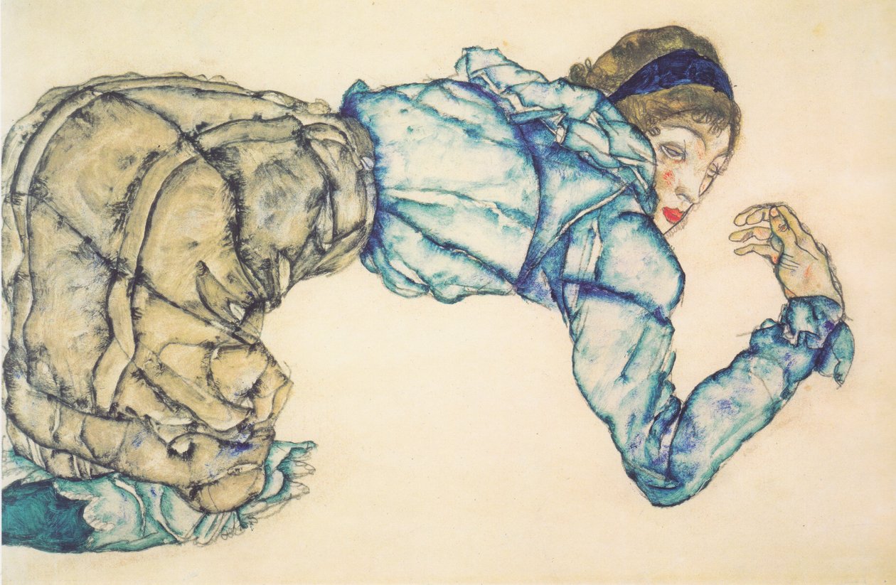 Klęcząca kobieta w niebieskiej bluzce autorstwa Egon Schiele