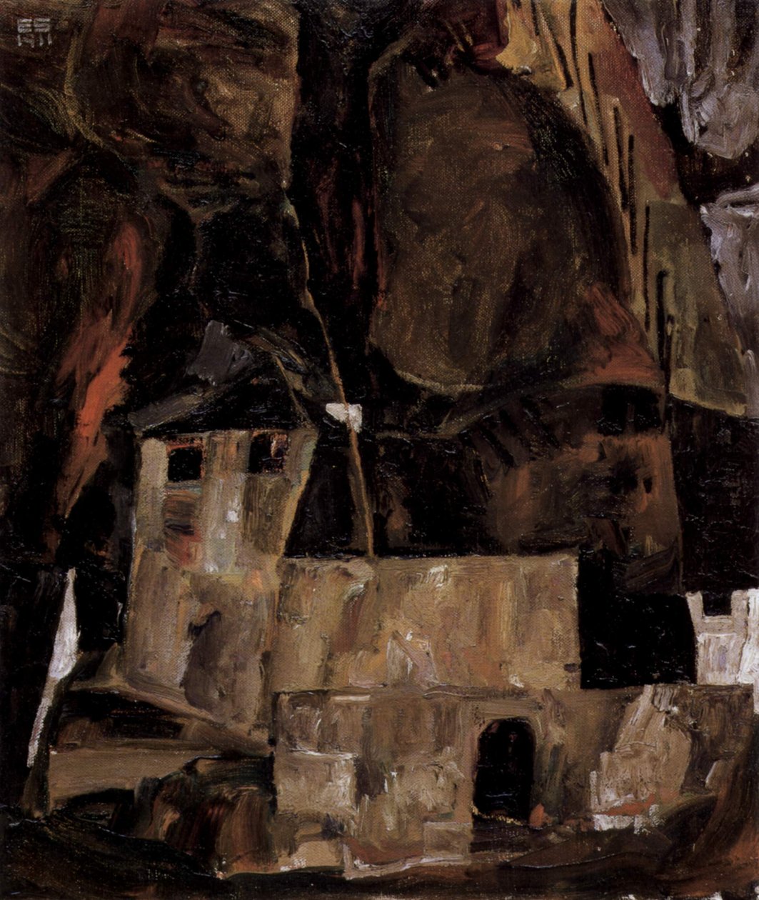 Ściana i dom przed pagórkowatym terenem z ogrodzeniem autorstwa Egon Schiele
