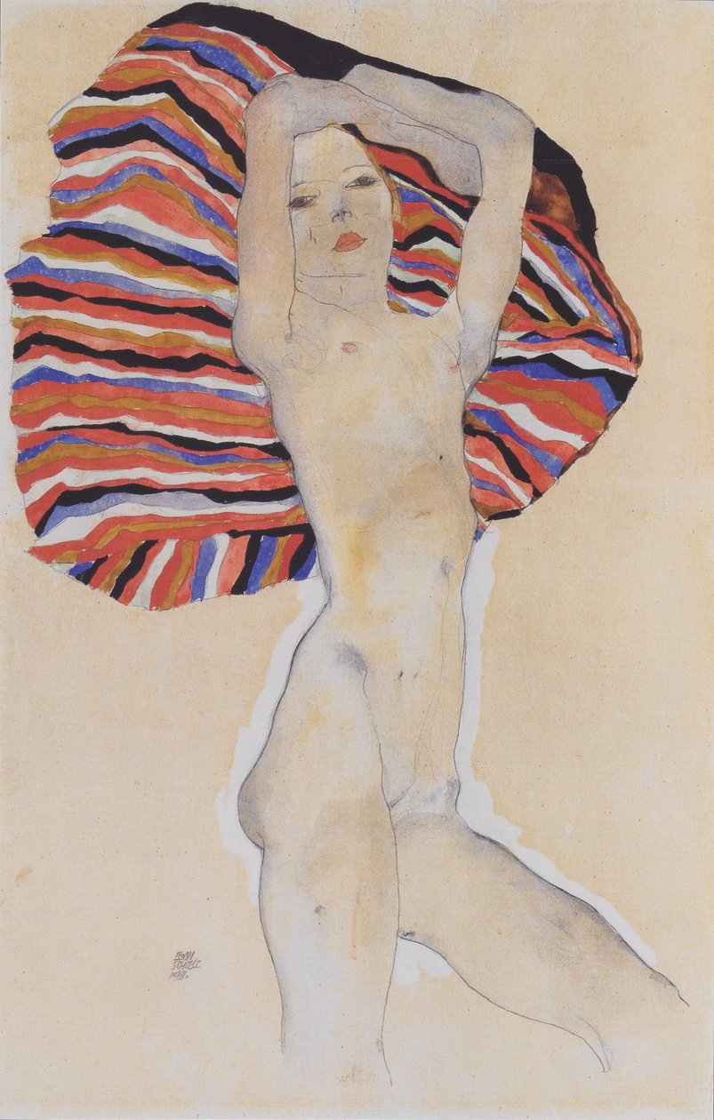 Akt dziewczyny na tle kolorowej tkaniny autorstwa Egon Schiele