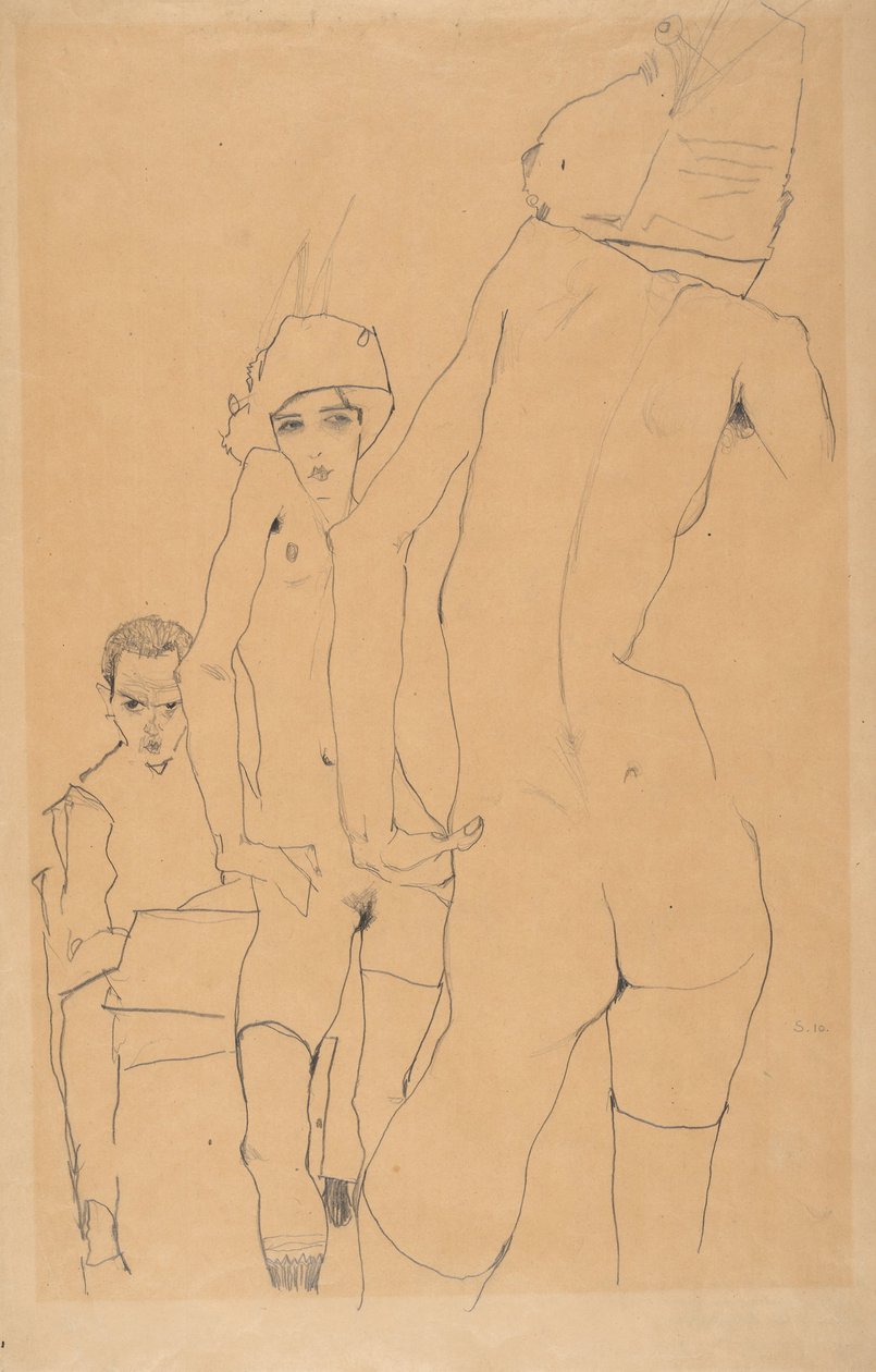 Schiele z nagim modelem przed lustrem, 1910 autorstwa Egon Schiele