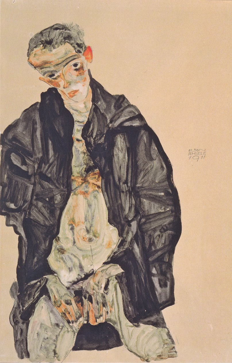 Autoportret jako pół-akt w czarnej marynarce autorstwa Egon Schiele