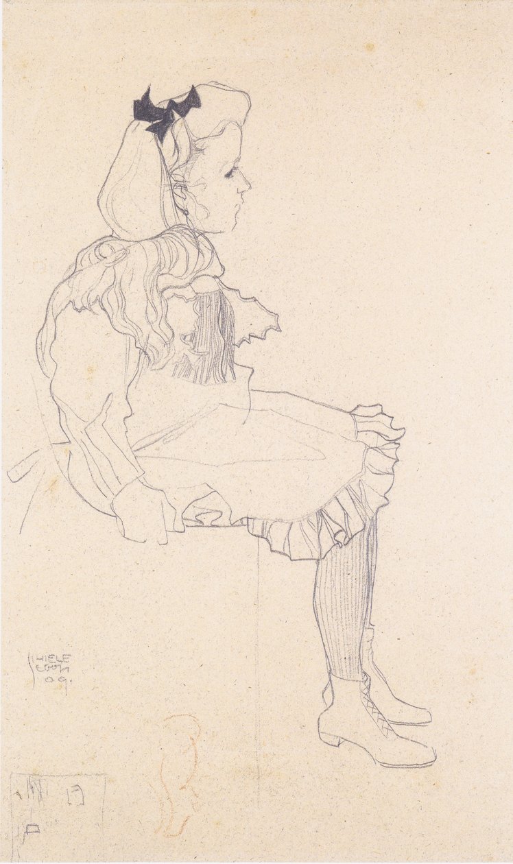 Siedząca dziewczyna z pętlą włosów autorstwa Egon Schiele