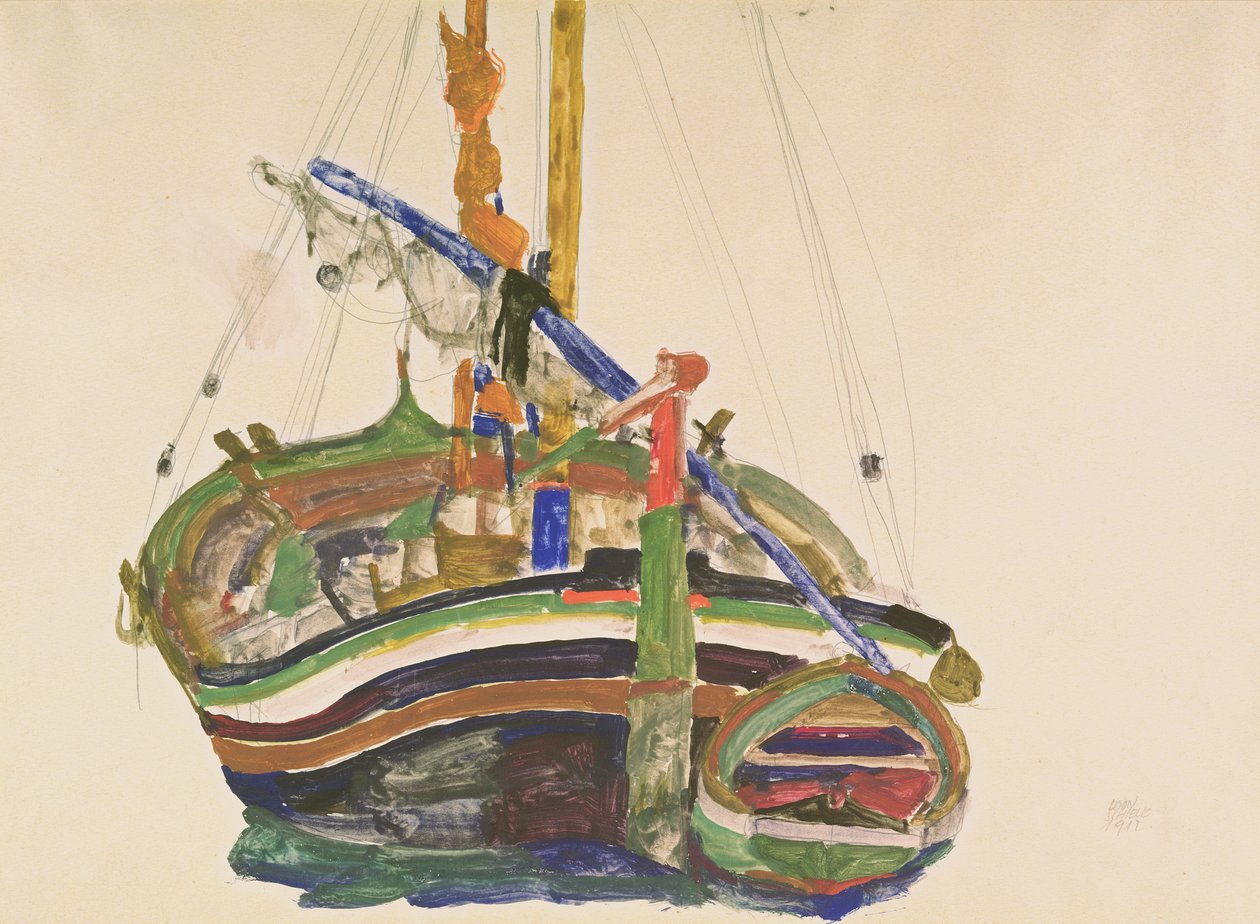 Łódź rybacka z Triestu, 1912 (ołówek, wc i gwasz na papierze Strathmore Japan) autorstwa Egon Schiele