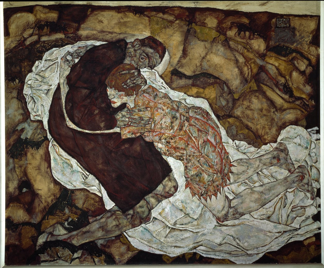 Kobieta i śmierć. Obraz Egona Schiele (1890-1918), 1915. Olej na płótnie. Wymiary: 150,5x180cm. Wiedeń, Oesterreichische Galerie im Belvedere. autorstwa Egon Schiele