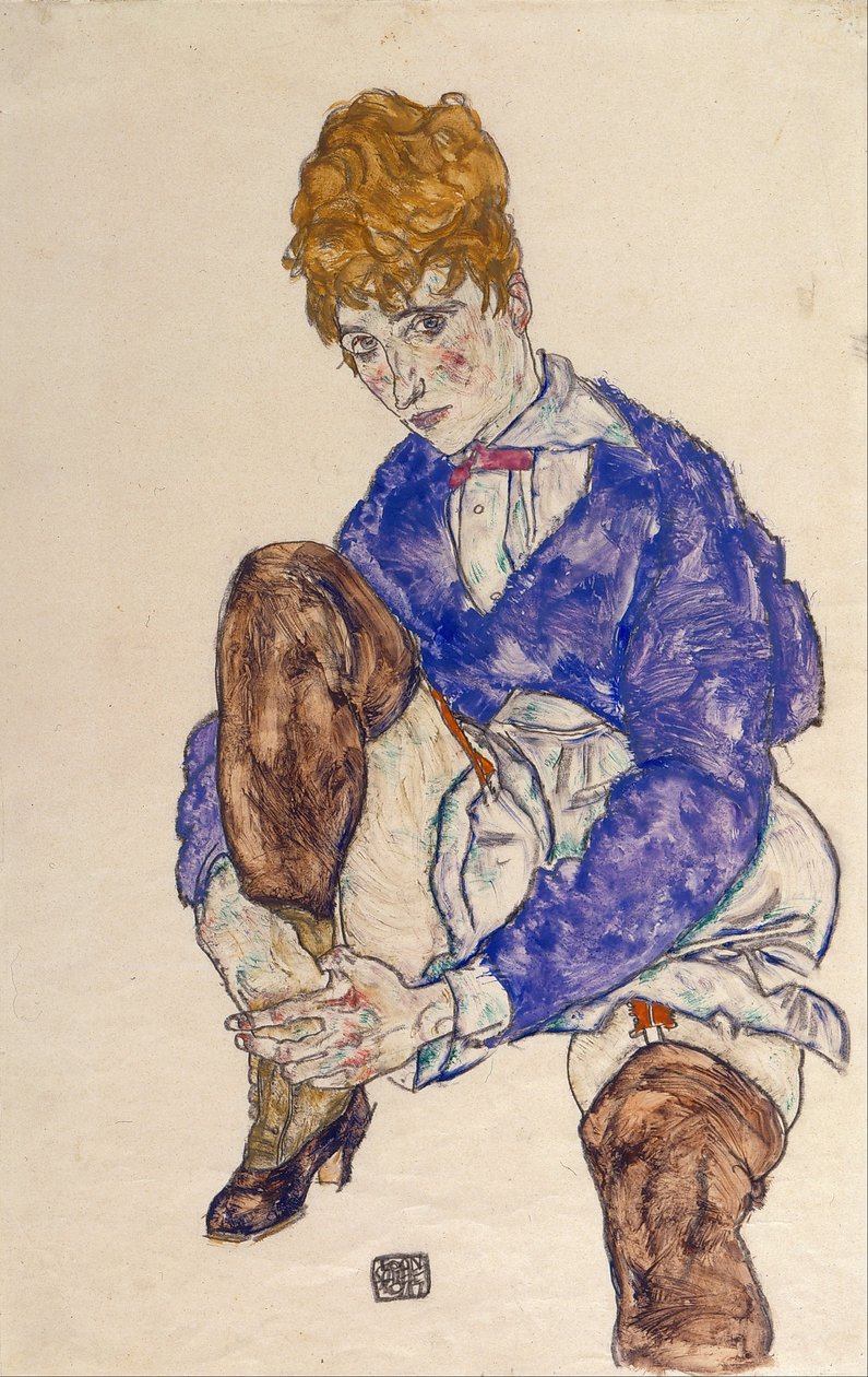 Portret żony artysty w pozycji siedzącej, trzymającej się za prawą nogę autorstwa Egon Schiele