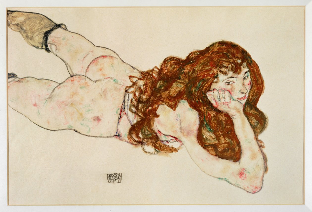 Kobieta nago leżąca na brzuchu - Nagość na brzuchu ... (gwasz i czarna kredka) autorstwa Egon Schiele