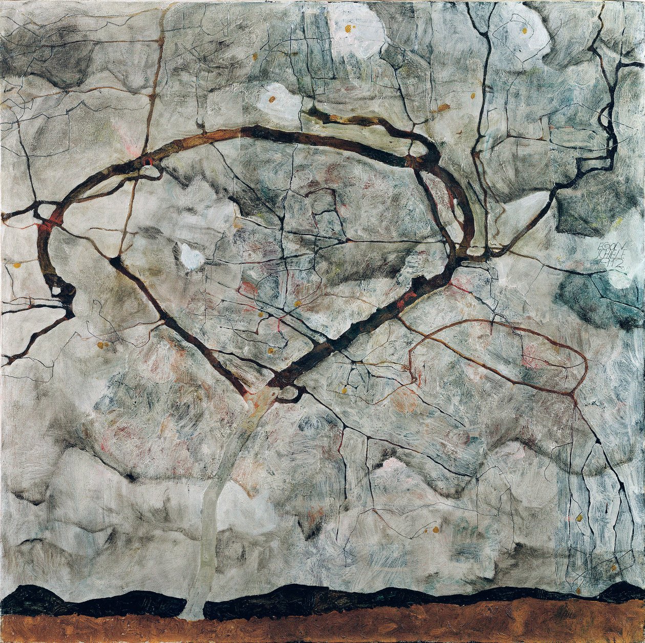 Jesienne drzewo w burzliwym powietrzu. Obraz Egona Schiele (1790-1918), olej na płótnie autorstwa Egon Schiele