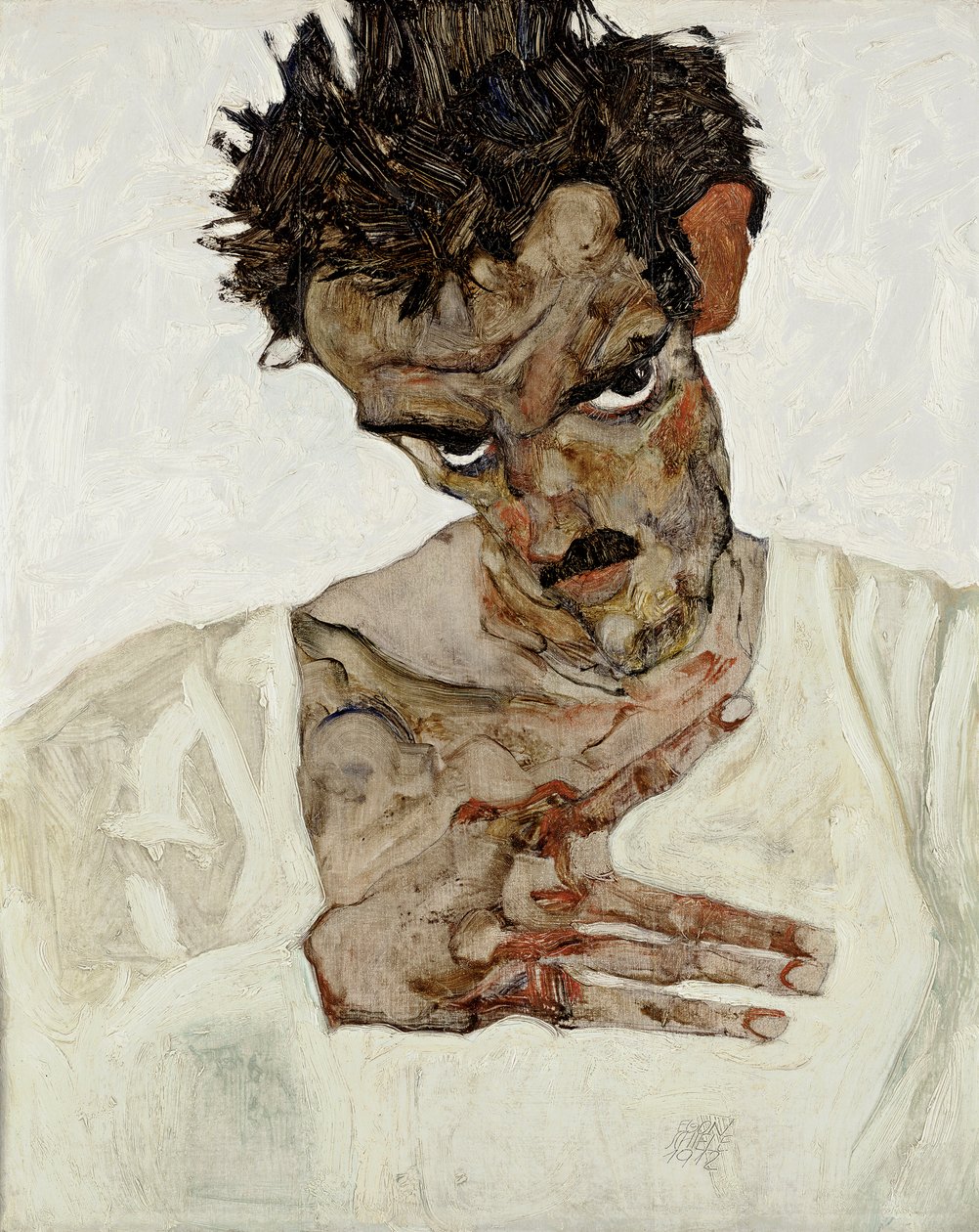 Autoportret z opuszczoną głową. Obraz Egona Schiele (1890-1918), olej na drewnie autorstwa Egon Schiele