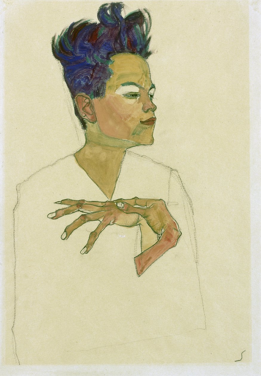 Autoportret z rękami na klatce piersiowej. (Autoportret Z Rękami Na Klatce Piersiowej). Praca Egona Schiele (1890-1918), akwarela i kreda na papierze autorstwa Egon Schiele