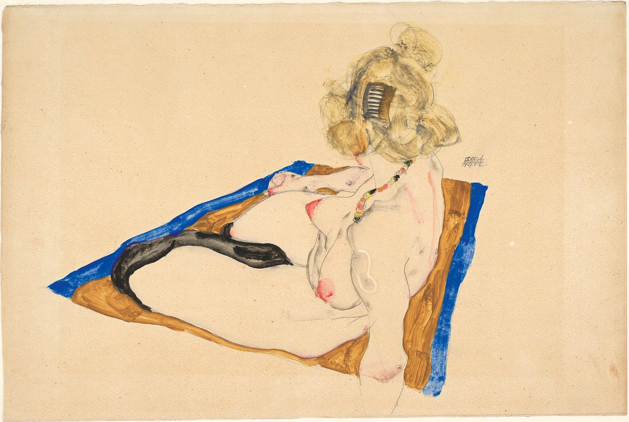 Blond nude siedząca na brązowym dywanie z niebieską obwódką, 1912. autorstwa Egon Schiele